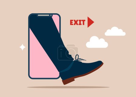 Leg businessman stepping out of the mobile phone screen. Modern lifestyle. Digital detox. Flat vector illustration.