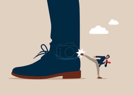 Illustration for Rivalry. Tiny businessman karate kicking huge legs of another businessman. Flat vector illustration - Royalty Free Image