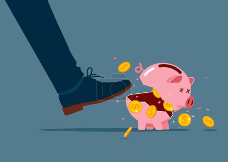 Find money. Businessman kicking hard the pink piggybank pig. Flat vector illustration.