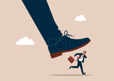 Employee is afraid of the big boss foot. Demoralised employee. stress with boss's. Flat vector illustration