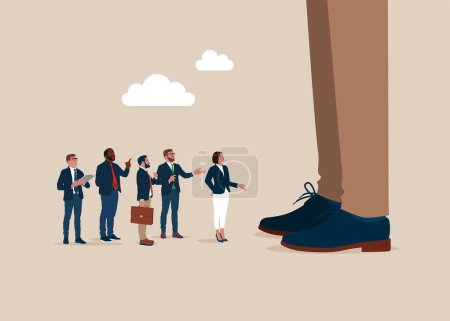 Tiny business people stands facing giant businessman. Small and big companies. Flat vector illustration