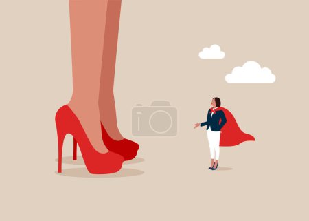 Tiny female in a superhero cape stands facing giant woman. Small and big companies. Flat vector illustration