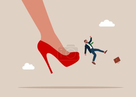 Female kicking foot hard small male who is flying away. Losing job, unemployment, finance crisis. Flat vector illustration