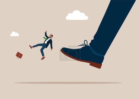 Businessman kicking foot hard small male who is flying away. Losing job, unemployment, finance crisis. Modern vector illustration in flat style