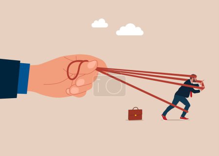 Negative attitude. Male fighting with big hand trying to run away with full effort. Flat vector illustration