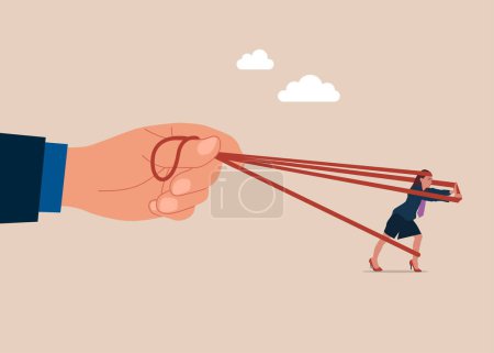 Woman  fighting with big hand trying to run away with full effort. Monopoly business. Flat vector illustration