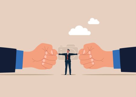 Conflict resolution. Lawyer separating two fist glove opposing. Flat vector illustration