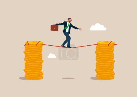 Illustration for Acrobat businessman walks from one stack of coins to another along a tight rope. Overcome difficulty. Flat vector illustration - Royalty Free Image