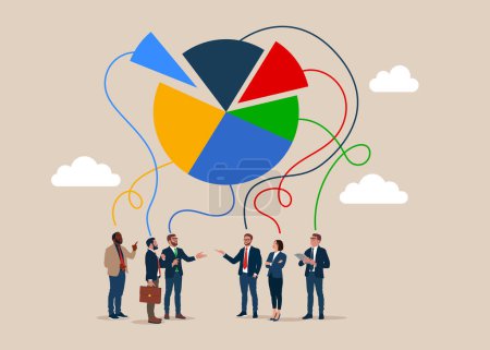 Illustration for Business people think about  arrange pie chart as rebalancing investment portfolio to suitable for risk and return. Investment asset allocation and rebalance. Flat vector illustration - Royalty Free Image