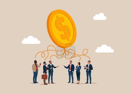 Business people think about Savings, Collecting Money in Account, Open Bank Deposit. Family Finance Budget Economy Concept. Flat vector illustration