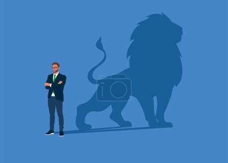 Illustration for Businessman dreams of becoming a lion. Confident handsome young man standing shadow of a lion reflects leadership. Flat vector illustration - Royalty Free Image