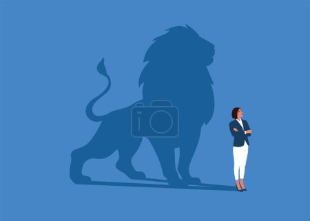 Female dreams of becoming a lion. Confident handsome young female standing shadow of a lion reflects leadership. Vector illustration