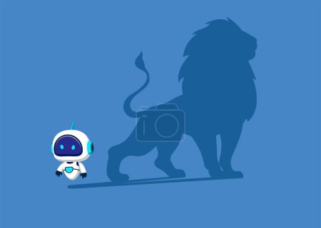 Robot dreams of becoming a lion. Confident handsome cyborg standing shadow of a lion reflects leadership. Flat vector illustration