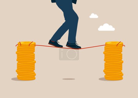 Male walks from one stack of coins to another along a tight rope. Overcome difficulty. Flat vector illustration