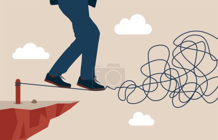 Businessman walking on twisted rope high in sky. Overcome problem in crisis. Choosing meaningful life Flat vector illustration