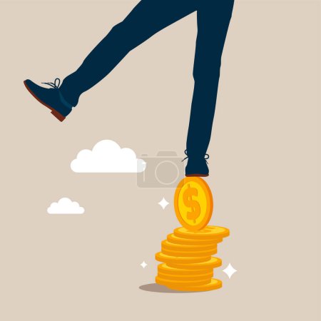 Financial instability. Businessman on unstable coins. Modern vector illustration in flat style
