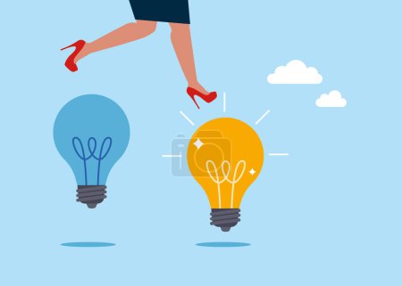 Woman jump from old to new shiny lightbulb idea. Business transformation, change management or transition to better innovative company, improvement. Flat vector illustration