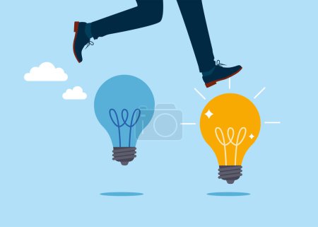 Illustration for Man jump from old to new shiny lightbulb idea. Business transformation, change management or transition to better innovative company. Flat vector illustration - Royalty Free Image