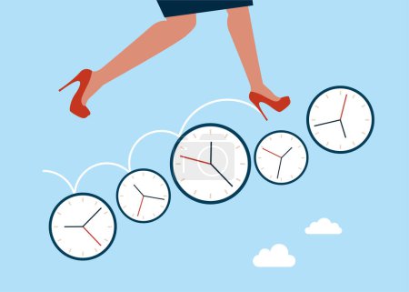 Illustration for Business female running on group of time clocks. Manage time for rush. Flat vector illustration - Royalty Free Image