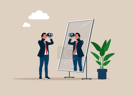 Illustration for Businessman looking at binoculars and reflecting in mirror. Business searching. Looking for new job, leadership discovery. Strategy, mission, objectives. Flat vector illustration - Royalty Free Image