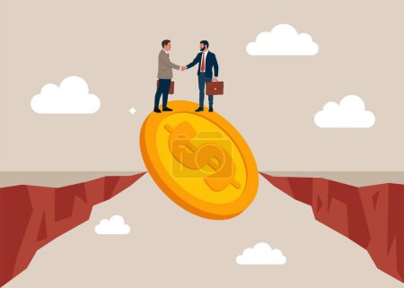 Vector of a money bridging the gap between a businesspeople. Assisting business people to overcome difficulties. Flat vector  illustration