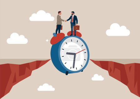 Vector of a clock bridging the gap between a businesspeople. Assisting business people to overcome difficulties. Flat vector  illustration