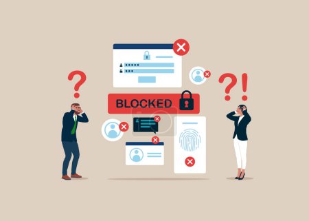 Hacker Cyber Attack, Censorship or Ransomware Activity Security. Business people at Surprised with Blocked Account on Screen. Flat vector Illustration.