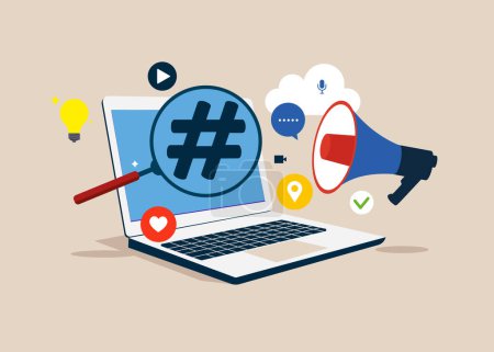 Searchable Hashtag on a laptop denoting content. Communication. Vector illustration in flat style