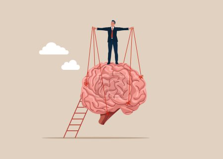 Illustration for Puppet string to control the brain. Effort and time to make money. Manipulate man mind. Flat vector illustration - Royalty Free Image