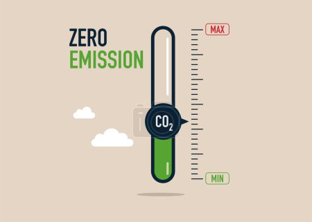 Drehen des Messgeräts Pfeilzeiger auf niedrigsten CO2-Wert. Neue Energie für Energie und Transport. Null Emissionen. Flache Vektorabbildung