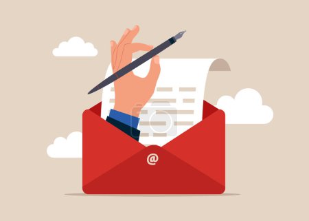 Businessman in opening email envelope holding fountain pen. Apply for new job. Modern vector illustration in flat style.
