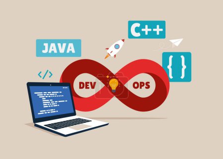Desarrollo y operaciones de software. Cultura de ingeniería de software. Concepto DevOps. Ilustración vectorial
