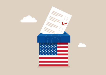 Voting in  USA, United States of America. Paper ballots to election box. Election box. Flat vector illustration