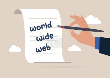 Holding pen thinking about "world wide web" written on notepad. Modern flat vector illustration.