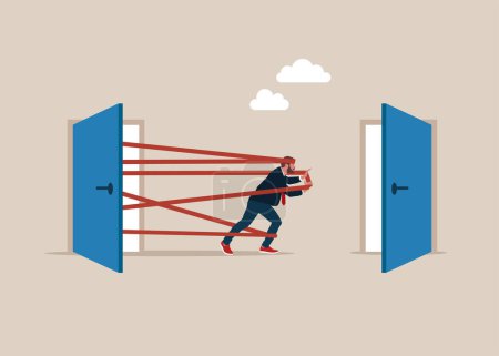 leaving company, people management or human resources problem concept, business people employee resign and walk through exit door. Flat vector illustration