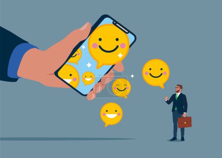 Los símbolos sonrientes de la cara caen de un smartphone. Felicidad de los empleados, satisfacción laboral, beneficio de la empresa, actitud positiva. Chat bot. Ilustración vectorial plana