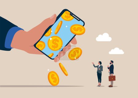 Coins fall from a smartphone. Vector business people character illustration.   