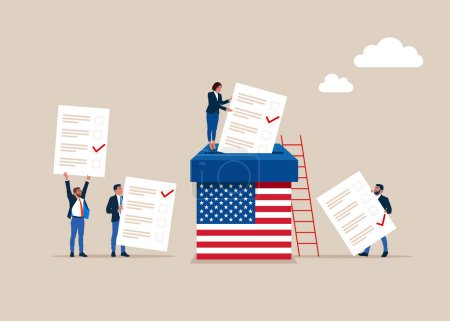 United States of America. Paper ballots to ballot box and voters. Electronic voting system for elections. Flat vector illustration
