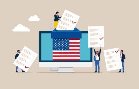 Online voting with computer screen, United States of America. Paper ballots to election box. Electronic voting system for elections. Flat vector illustration