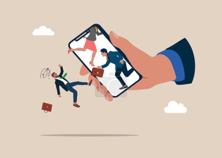 Competitors fall from a smartphone. Eliminate competitors. Leadership rivalry.  Vector business people character illustration. 