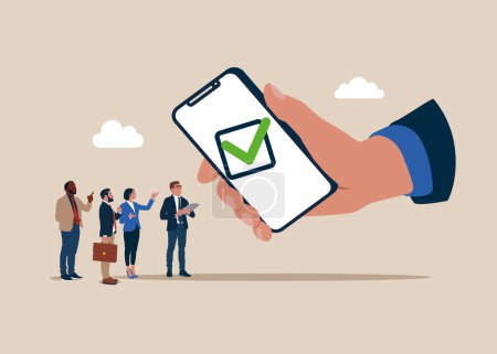 Illustration for Achievement checkbox fall from a smartphone. Think about agreement to deliver, leadership skill or trust. Flat vector illustration. - Royalty Free Image