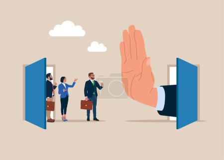 Illustration for Showing her palm with to protect from new people. People management or human resources problem concept, business people employee resign and walk through exit door. Flat vector illustration - Royalty Free Image