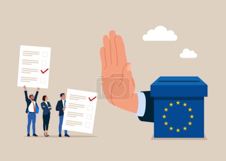 Showing her palm with refusing. Important news. Against voting in European Union. Vote no campaign and protest signs for a political or social issue. Crisis in EU. Vector illustration in flat style.