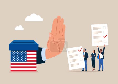 Showing her palm with refusing. Important news. Against voting in USA. Vote no campaign and protest signs for a political or social issue. Crisis in  United States of America. Vector illustration