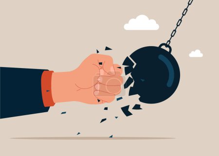 Businessman protects from a collision with a broken wrecking ball. Safety measures. IT defense. Insurance and protection. Flat vector illustration