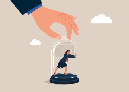 Woman inside the glass try to push so hard to break boundary. Difficulty prevent from improvement or success. Flat vector illustration