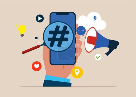 Hashtag consultable sur un smartphone indiquant le contenu. Communication. Illustration vectorielle en style plat