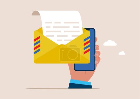 Opening email envelope holding. Writing email like professional, email communication for business negotiation, apply for new job. Flat vector illustration.
