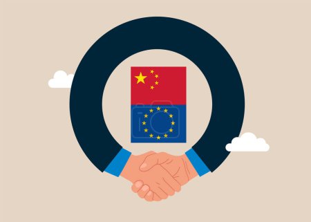 Téléchargez les illustrations : Serrer la main après l'affaire. Relations politiques bilatérales et coopération entre l'Union européenne et la Chine. Illustration vectorielle plate - en licence libre de droit