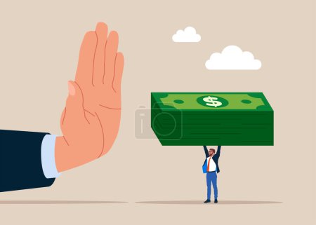 Businessman hand refuse to take illegal money banknotes. Man do not accept a bribe, refuse money. Flat vector illustration